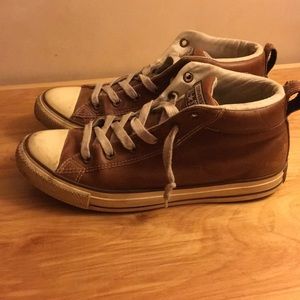 Brown leather high top converse